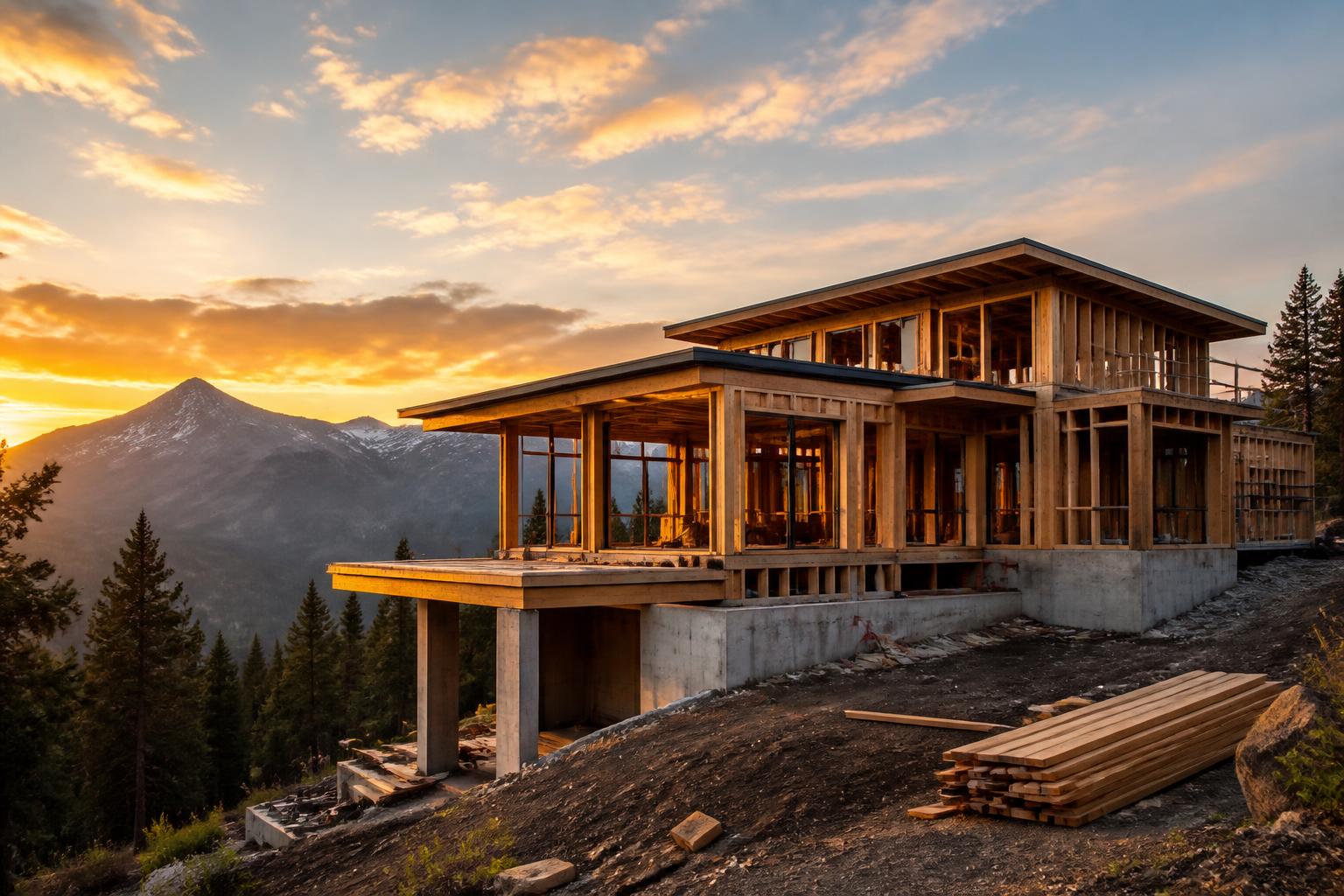 Custom Pacific Northwest home under construction at golden hour